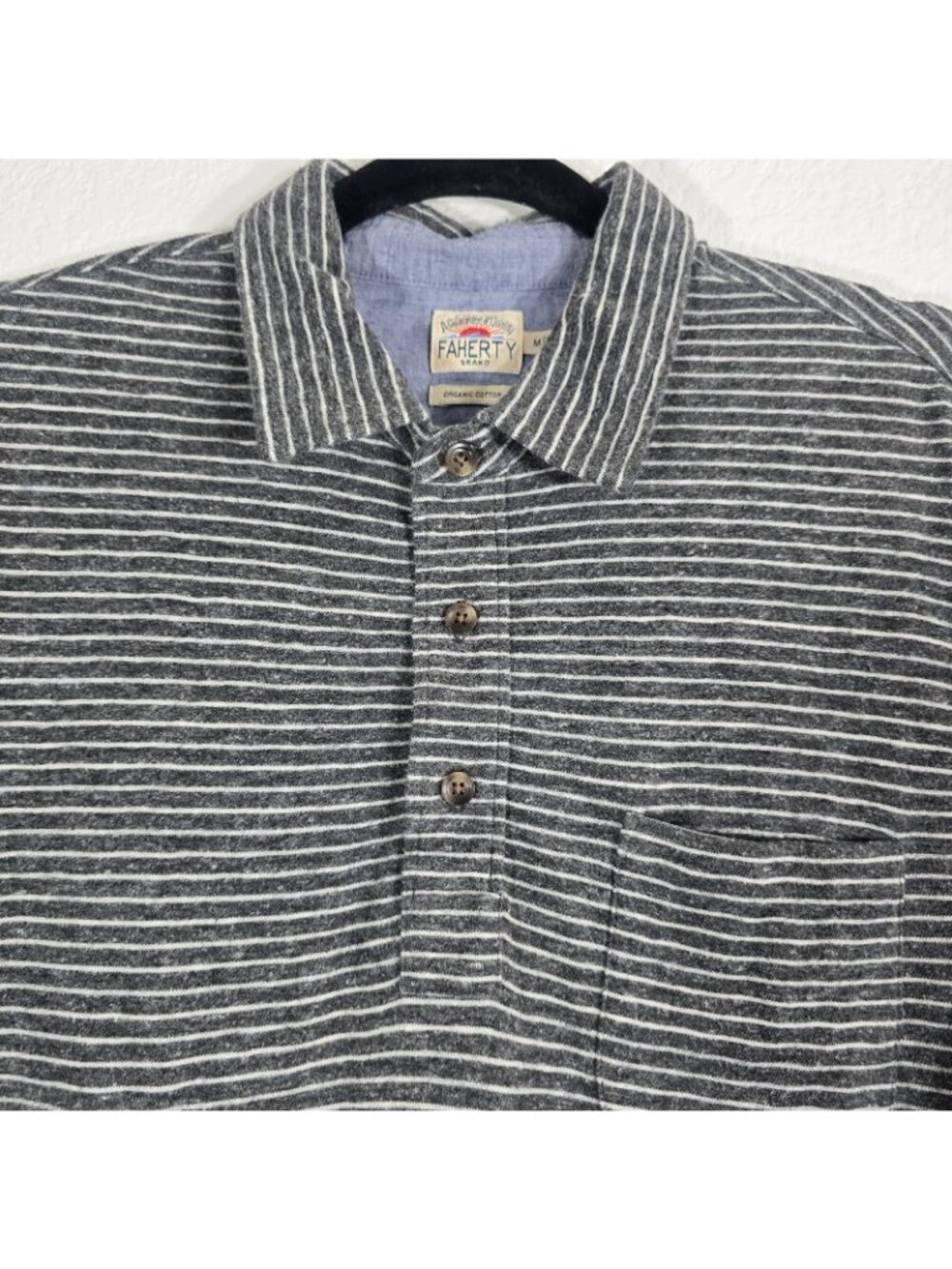 Faherty Stripe Polo Shirt Men Medium Gray Organic Cotton Long Sleeve Collared - Picture 2 of 9